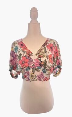 Lily Star Floral Crop Top Womens Large White Pink Yellow Blue Summer Boho Tee